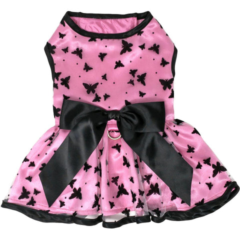 All Aflutter Pink & Black Satin Dog Dress with Leash