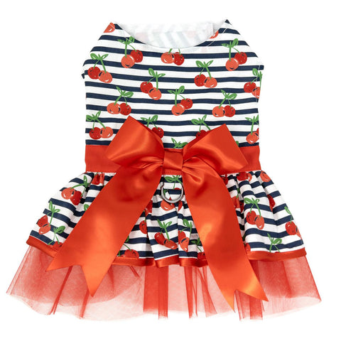 Cherries and Striped Dog Dress with Matching Leash