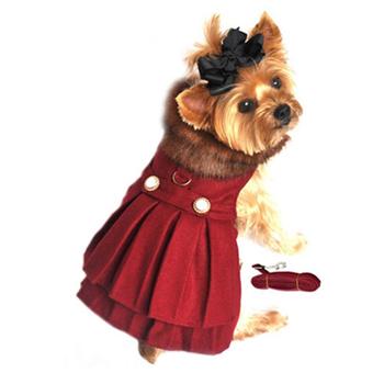 Burgundy Wool Fur-Trimmed Dog Harness Coat & Leash