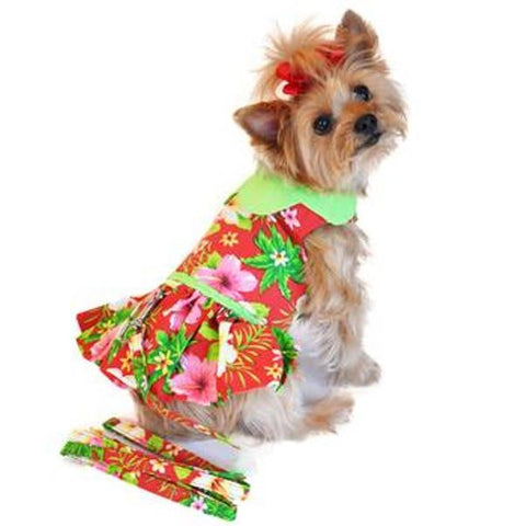 Dog Dress Doggie Design Hawaiian Red Hibiscus & Matching Leash