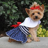 The New Nautical Dress features classic Blue and White Stripes, Anchor Print Skirt and Red Satin Bow for a unique fun design.  Comes complete with matching leash and D-Ring.